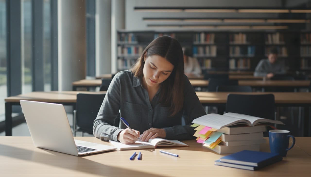 Studentka pisząca pracę magisterską w bibliotece uniwersyteckiej