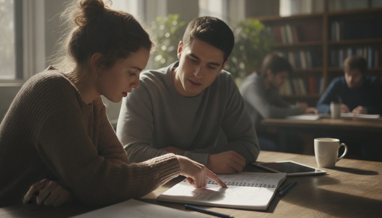 Studenci omawiający plan pracy licencjackiej podczas konsultacji