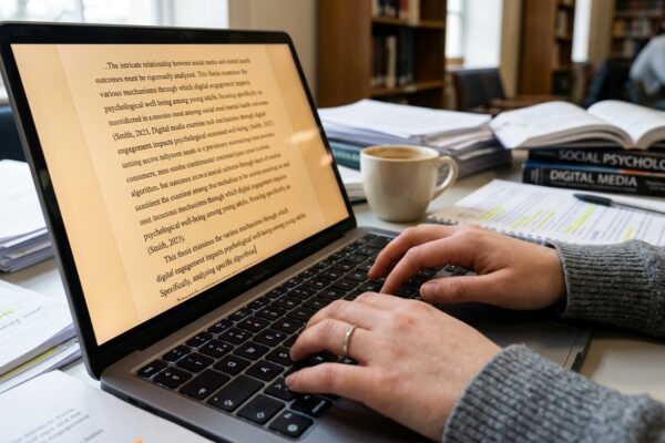 Doktorant piszący rozprawę z ekonomii na laptopie, biurko akademickie