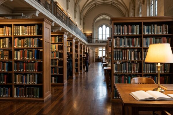 Regały biblioteczne z książkami naukowymi i lampka do czytania